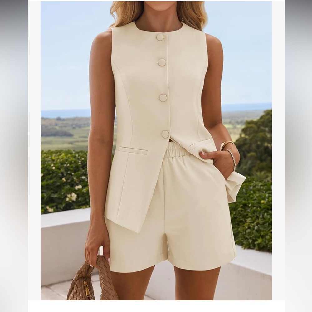 Cream Sleeveless Blazer and Shorts Set